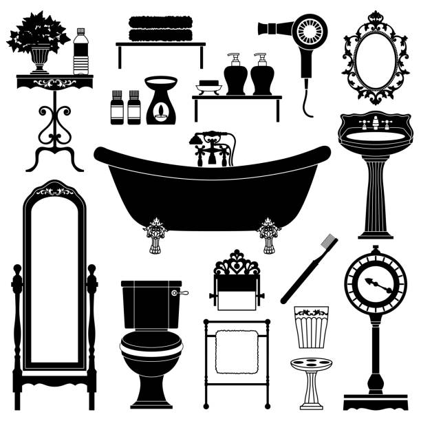 Set of antique furniture illustrations. Bathroom. Set of antique furniture illustrations. vanity mirror stock illustrations