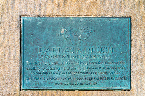 The 'Daft as a brush' charity plaque on North Shields pier. The plaque marks a Cancer patient Care Walk. Tynemouth, Tyne and Wear, England, UK.