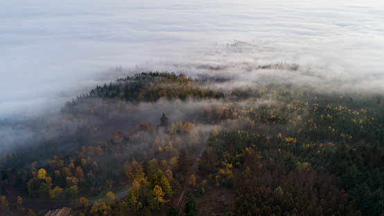 Fog over Taunus mountains, Germany - aerial view