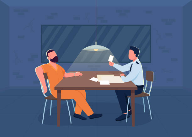 Police interrogation flat color vector illustration Police interrogation flat color vector illustration. Room for investigation. Cop interrogate suspect for confession. Policeman and prisoner 2D cartoon characters with department interior on background police interview stock illustrations