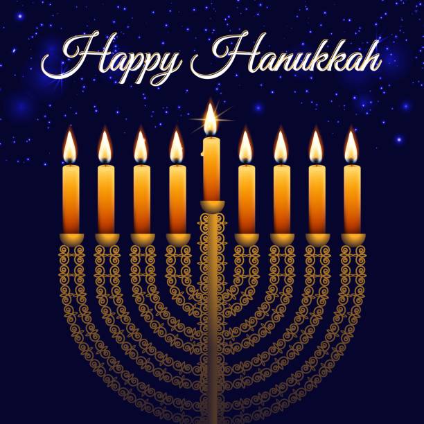 ilustrações, clipart, desenhos animados e ícones de hanukkah festival judaico de luz ouro menorah, candelabro tradicional e velas acende ilustração vetorial. - hanukkah menorah candle blue