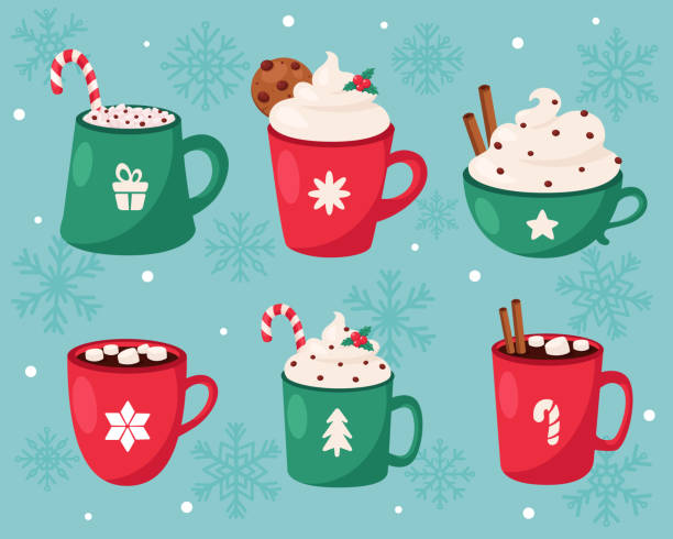 wesołych świąt bożego narodzenia. kolekcja świątecznych gorących napojów. ilustracja wektorowa. - hot chocolate stock illustrations
