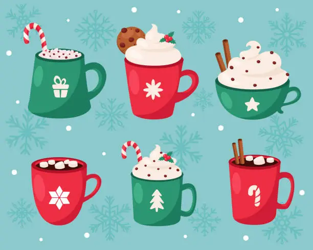 Vector illustration of Merry Christmas. Christmas hot drinks collection. Vector illustration.