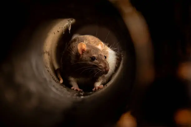 A brown and white rat in a dark narrow pipe, it is exploring its surroundings.