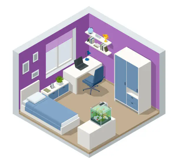 Vector illustration of Isometirc modern teenager room interior with comfortable bed. Idea for interior decor. Interior of modern study room for teenager