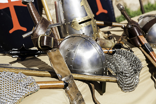 Detail of ancient medieval armor, reproduction of protective clothing to fight, crusades, war