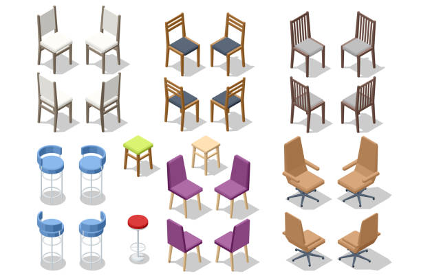 illustrations, cliparts, dessins animés et icônes de chaise isométrique ensemble isolé sur blanc. chaise confortable meubles fauteuil design, différents types. élément de conception de siège d’intérieur. - chaise vide