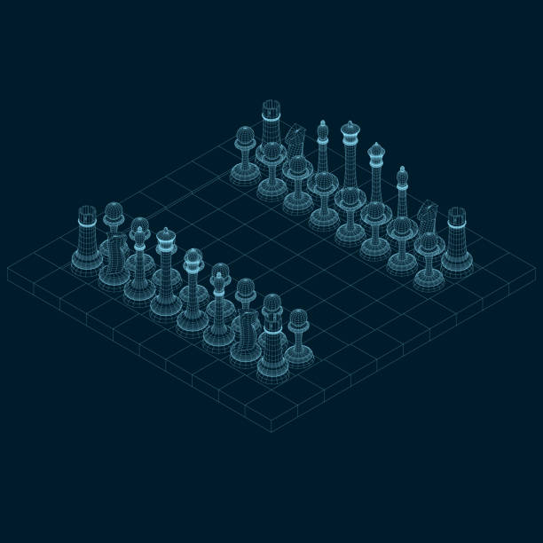 Chessboard wireframe with chess pieces made of blue lines on a dark background. Isometric view. 3D. Vector illustration Chessboard wireframe with chess pieces made of blue lines on a dark background. Isometric view. 3D. Vector illustration. three dimensional chess stock illustrations