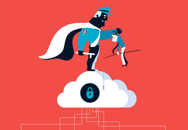 superhero security guard catching cyber thief vector illustration of superhero security guard catching cyber thief two masked people robbing man stock illustrations