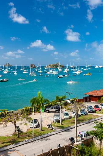 New years scene with Yachts and town of Gustavia, St. Barthelemy