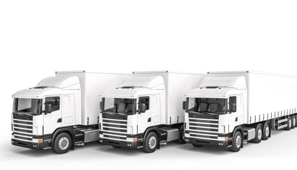 istock 3d render image of 3 white trucks. nobody around. 1285258107