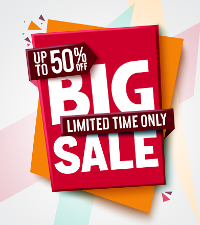 Big sale vector banner design. 50% off discount in a label card tags for market shopping promotion advertisement. Vector illustration.