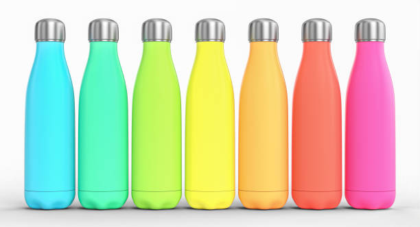 istock stainless steel bottles with different colors on a white background. 1285258288
