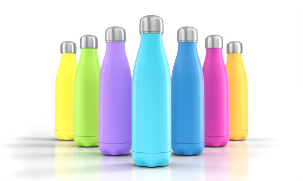 istock stainless steel bottles with different colors on a white background. 1285258311
