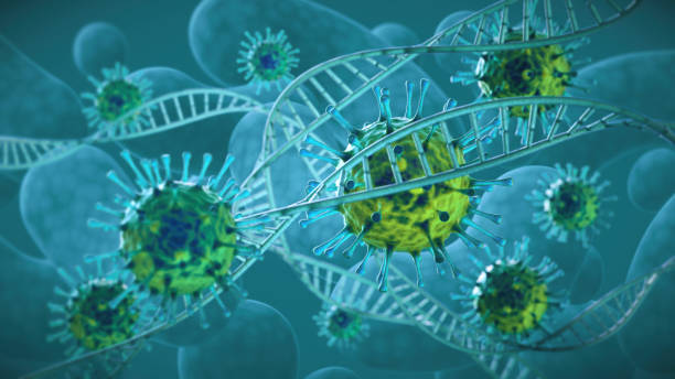 istock Green translucent COVID-19 virus cells under magnification intertwined with DNA cell structure 1285260615