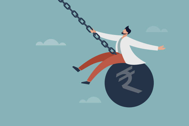 Conceptual illustration of a businessman swings on a wrecking ball with Indian rupee symbol on it Conceptual illustration of a businessman swings on a wrecking ball with Indian rupee symbol on it rupee symbol stock illustrations