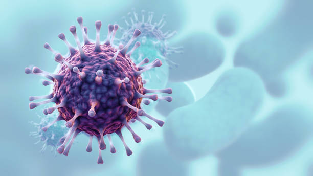 istock Purple cartoony coronavirus cell on a bright cellular background 1285260746