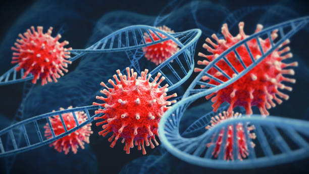istock Ominous red COVID-19 coronavirus cells under magnification intertwined with dark blue DNA cell structure 1285260938