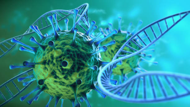 istock Extreme close-up on green and blue virus cells intertwined with DNA cell structure 1285261016