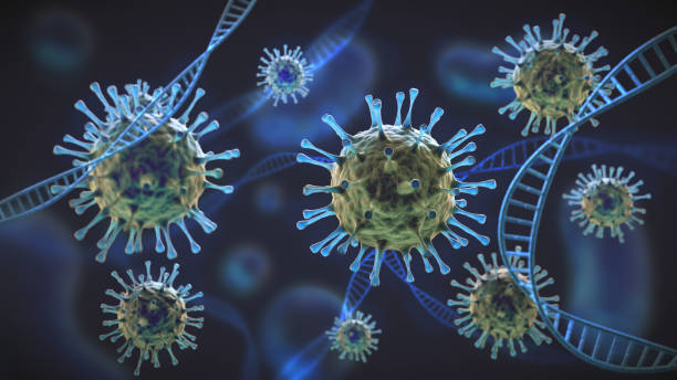 células coronavirus verdes y azules bajo aumento entrelazadas con la estructura celular del adn - covid 19 fotografías e imágenes de stock