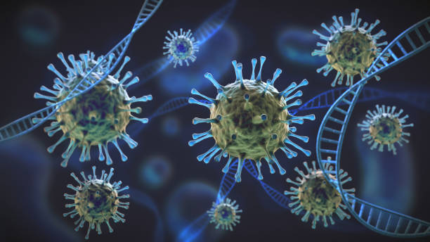 cellules de coronavirus vertes et bleues sous grossissement entrelacées avec la structure de cellules d’adn - vecteur de maladies photos et images de collection