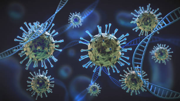 istock Green and blue coronavirus cells under magnification intertwined with DNA cell structure 1285261108