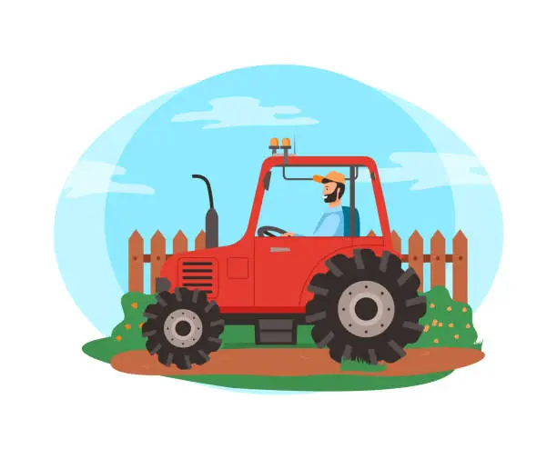 Vector illustration of Farmer Driving Tractor on Field, Farming Season