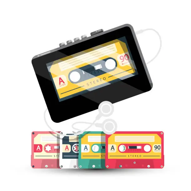 Vector illustration of Personal Stereo - Retro Cassette Tape Player With Cassettes