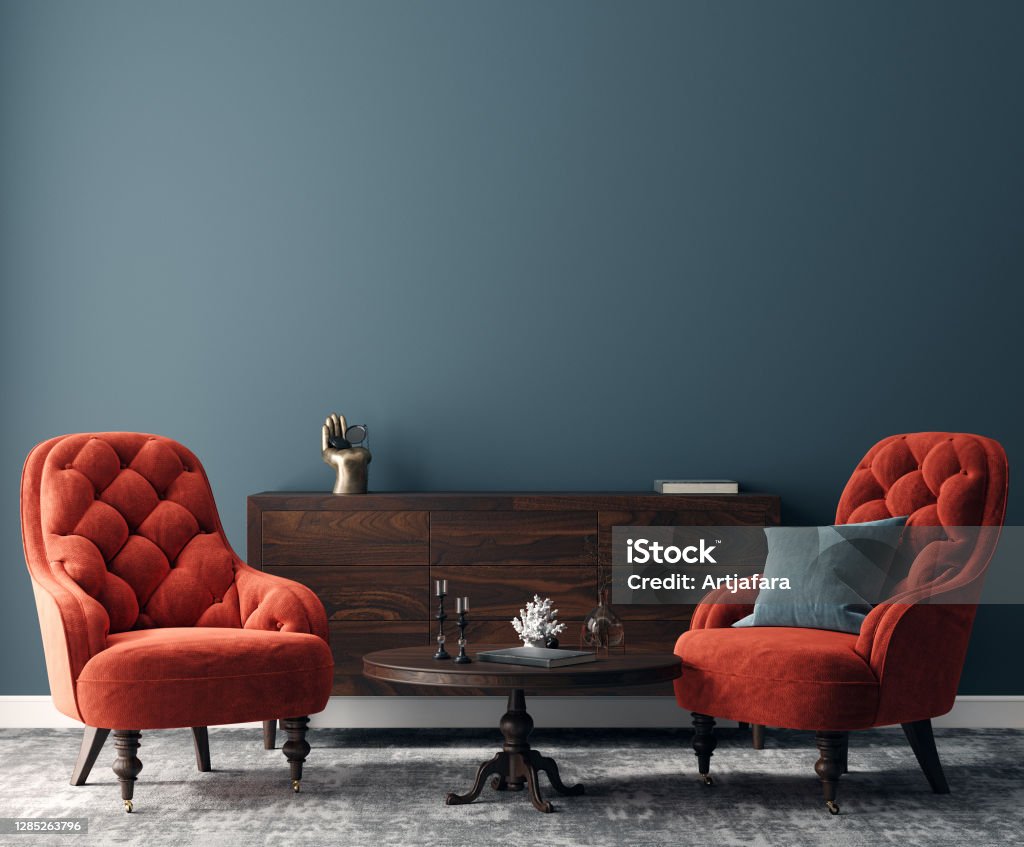 Elegant dark interior with bright red armchairs Elegant dark interior with bright red armchairs, 3d render Living Room Stock Photo