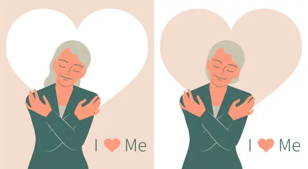 Vector illustration of Smiling pretty elder woman hugging herself with closed eyes and heart background, I Love Me, Love Myself, Self Care