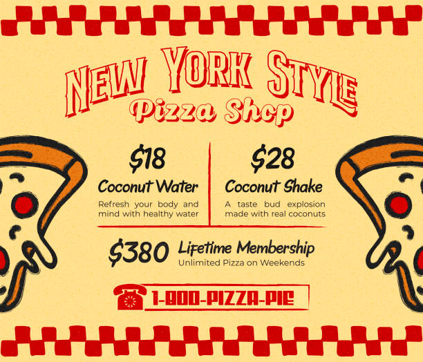 ilustrações de stock, clip art, desenhos animados e ícones de retro new york style pizza promo menu for pizzeria restaurant or vintage bistro with pepperoni pizza slices - pepperoni