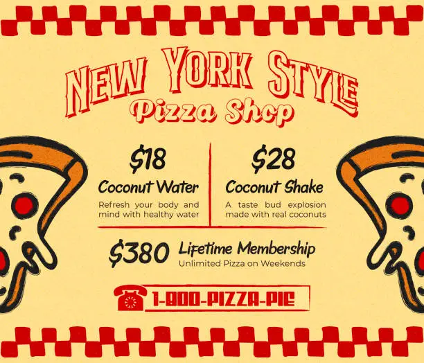 Vector illustration of Retro New York Style Pizza Promo Menu for Pizzeria Restaurant or Vintage Bistro with Pepperoni Pizza Slices