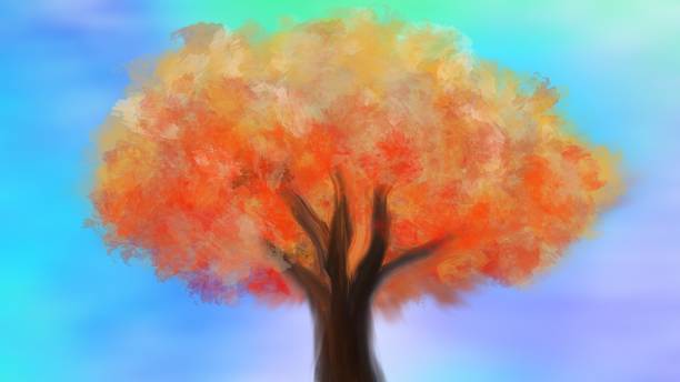 istock Landscape painting, A tree has orange leaves with fantastic sky background. 1285266970