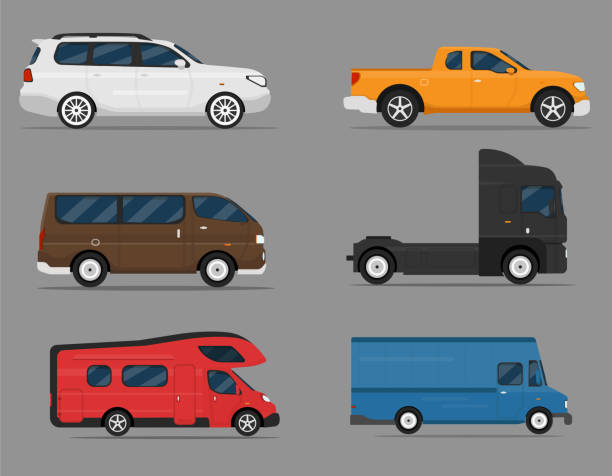 ilustrações de stock, clip art, desenhos animados e ícones de big set of different models of cars. - truck wheel car macro