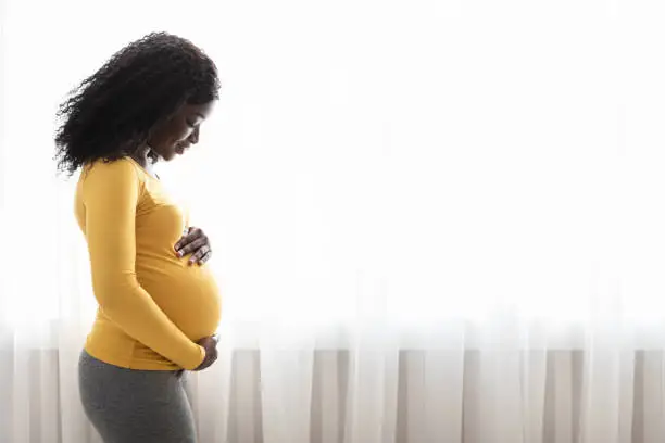 Beautiful pregnant black woman hugging her tummy, enjoying her pregnancy, free space. Side view of african american expecting lady standing next to window at home, touching her big belly