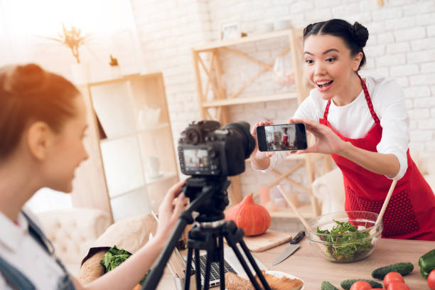 istock Two culinary bloggers taking selfie with one girl behind camera. 1285269213