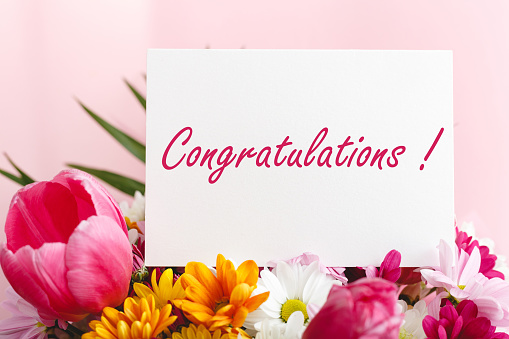 Card, banner, congratulations on Mothers Day , bouquet of flowers in a basket