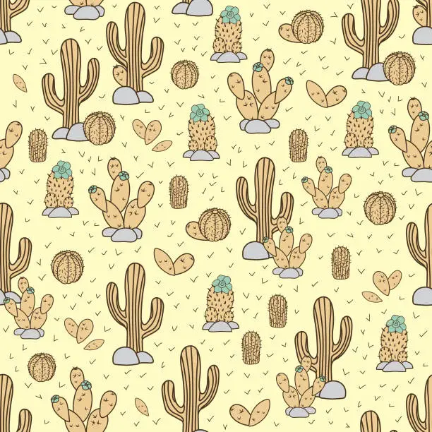 Vector illustration of Seamless vector doodle pattern with hand drawn cacti and succulents