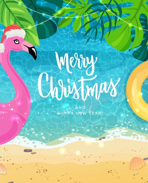 bildbanksillustrationer, clip art samt tecknat material och ikoner med god jul hand bokstäver text för exotiska nyårsfirande. sommar havsstrand med sand och gul simma ring, rosa flamingo, tropiska blad. vågen rullar på sanden, havsskum, blått vatten. - australia forest background