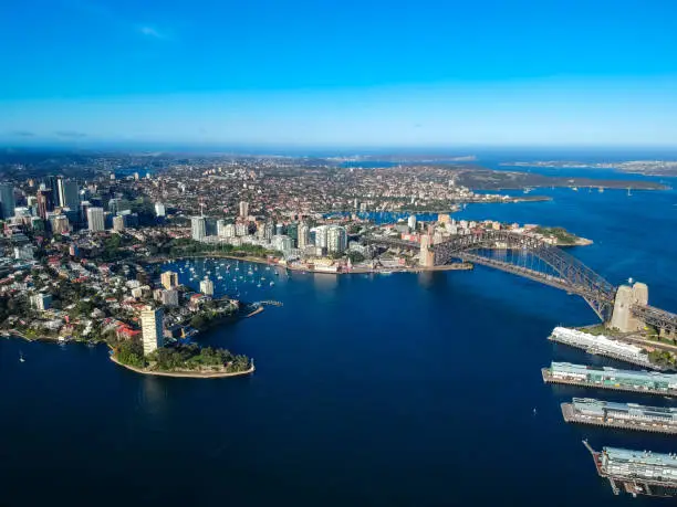 Photo of Panoramic Aerial views of Sydney Harbour with the bridge, CBD, North Sydney, Barangaroo, Lavender Bay and boats in view