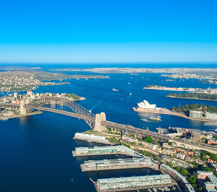 Panoramic Aerial views of Sydney Harbour with the bridge, CBD, North Sydney, Barangaroo, Lavender Bay and boats in view