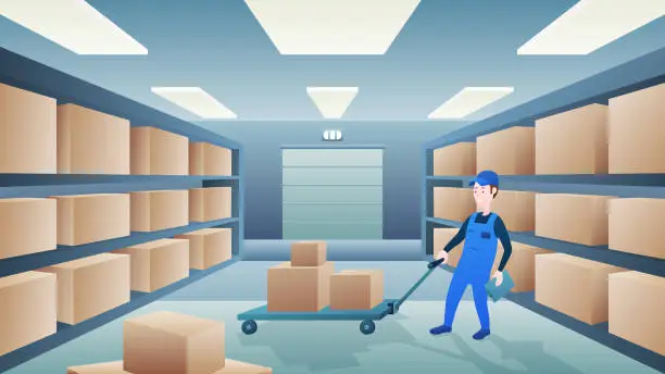 Vector illustration of Warehouse worker pushing a hand truck