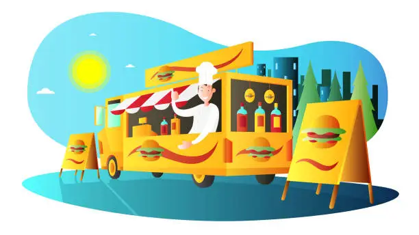 Vector illustration of Food truck and chef