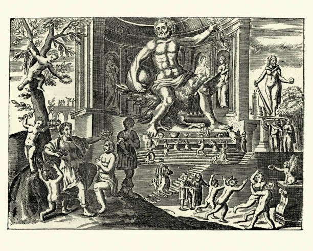 статуя зевса в олимпии одно из семи чудес древнего мира - ancient world stock illustrations
