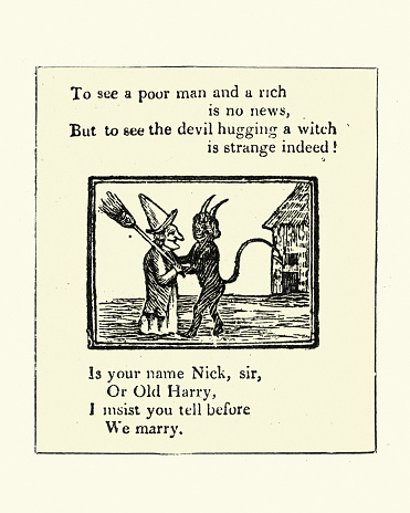 Vintage illustration of Of a witch hugging the devil. After The World turned upside down, or, No news, and strange news.,  J. Kendrew, Colliergate, York, early 19th Century