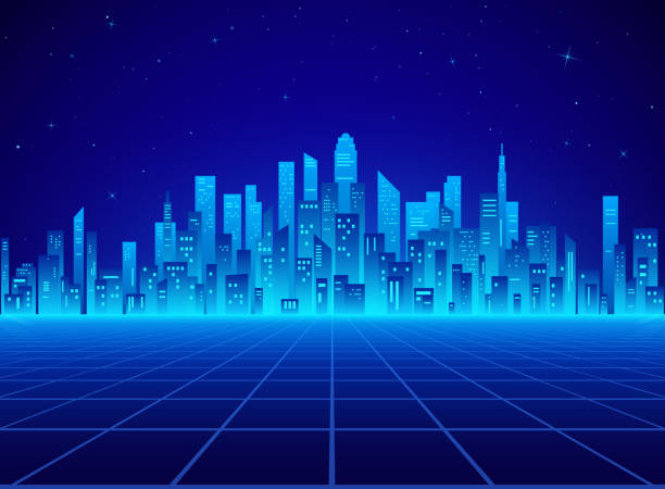 ilustraciones, imágenes clip art, dibujos animados e iconos de stock de paisaje retro de la ciudad de neón en colores azules. ciudad futurista cyberpunk - non rural scene