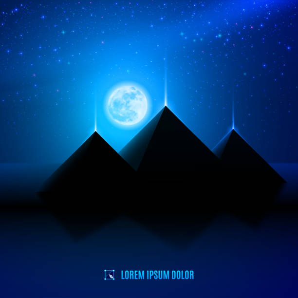 Egypt  desert Blue night  egypt  desert  landscape background scene illustration with moon, pyramids and stars cairo stock illustrations