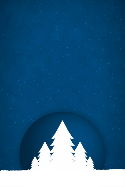 istock A midnight blue coloured creative merry christmas and New Year festive vector backgrounds, with five white Xmas coniferous trees with a circular aura surrounding them 1285283045