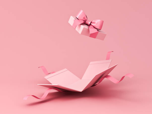 bianco dolce rosa pastello colore presente scatola o scatola regalo aperta con nastro rosa e fiocco isolato su sfondo rosa con ombra concetto minimo - gift foto e immagini stock