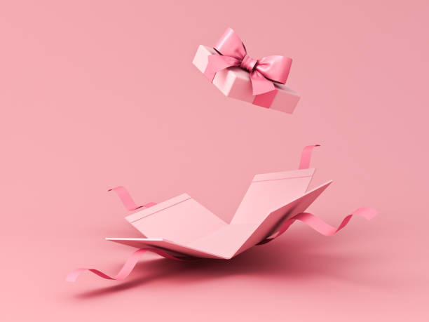 Blank sweet pink pastel color present box or open gift box with pink ribbon and bow isolated on pink background with shadow minimal concept Blank sweet pink pastel color present box or open gift box with pink ribbon and bow isolated on pink background with shadow minimal concept 3D rendering present box stock pictures, royalty-free photos & images